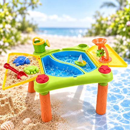 Kids' Sand and Water Play Table with 2 Compartments, Folding Lid, 10-Piece Set