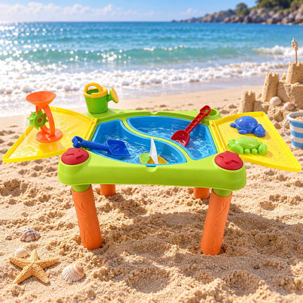 Kids' Sand and Water Play Table with 2 Compartments, Folding Lid, 10-Piece Set
