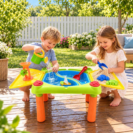 Kids' Sand and Water Play Table with 2 Compartments, Folding Lid, 10-Piece Set