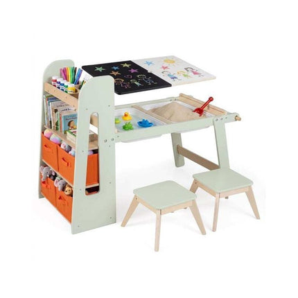 Kids Sensory Art Table with 2 Stools and Paper Roll, Green, 2 Activity Basins
