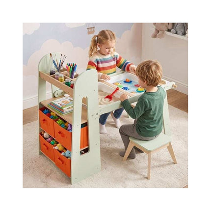 Kids Sensory Art Table with 2 Stools and Paper Roll, Green, 2 Activity Basins