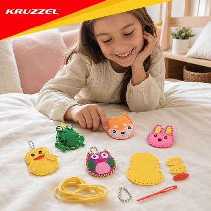 Kids Sewing Kit with 12 Animal Keychain Designs, Plastic Needles, Gift