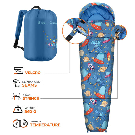 Kinderschlafsack mit Rucksack, 170x60 cm, 12 °C