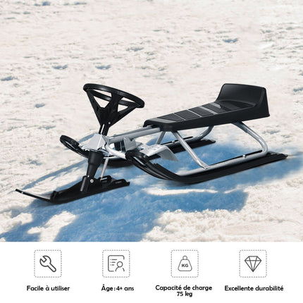 Kids Snow Sled With Steering Wheel, Double Brakes, Pull Rope