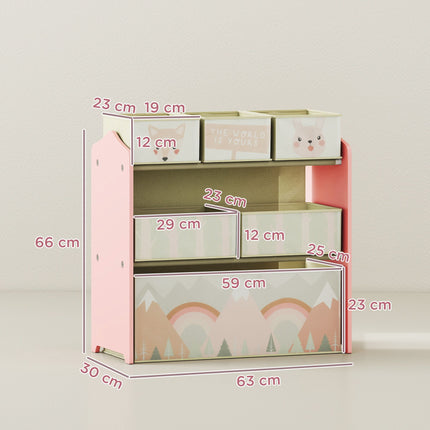 Dětská úložná skříňka se 6 látkovými boxy, růžová, 63x30x66 cm