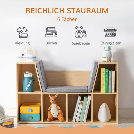 Kinderregal und -bank mit Kissen, 103 x 30 x 62 cm