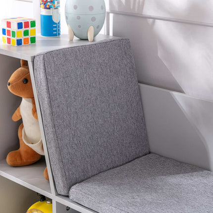 Kinderregal und -bank mit Kissen, Weiß/Grau
