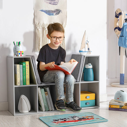 Kinderregal und -bank mit Kissen, Weiß/Grau