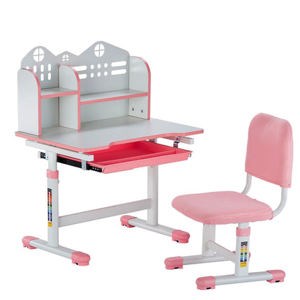 Kids Study Desk and Chair Set - Adjustable Height, Bookshelf, Pink