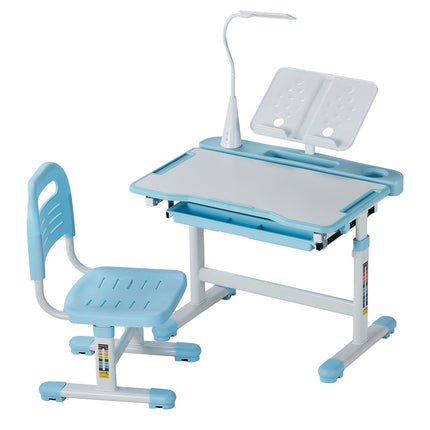 Kids Study Desk and Chair Set, Adjustable Tilt, Lamp, Blue