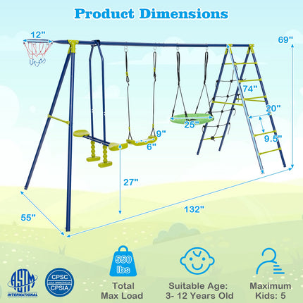 Kids Swing Set 6-in-1, Climbing Net, 550 lb Capacity