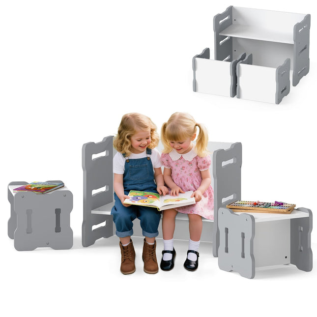 Kindertisch- und Stuhlset, 3-teilig, MDF, Grau, Abgerundete Kanten