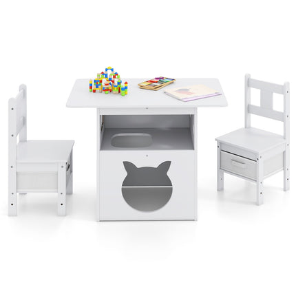 Kindertisch-Set mit Katzenhaus, 2 Stühlen, Aufbewahrungsboxen