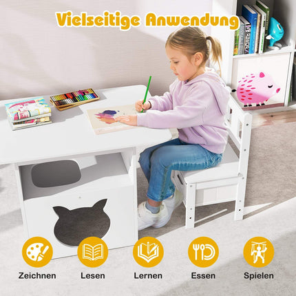 Kindertisch-Set mit Katzenhaus, 2 Stühlen, Aufbewahrungsboxen
