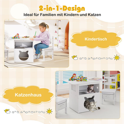 Kindertisch-Set mit Katzenhaus, 2 Stühlen, Aufbewahrungsboxen