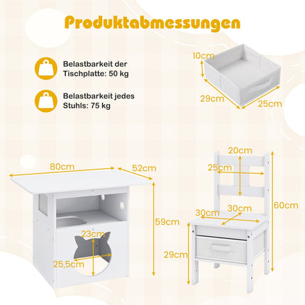 Kindertisch-Set mit Katzenhaus, 2 Stühlen, Aufbewahrungsboxen