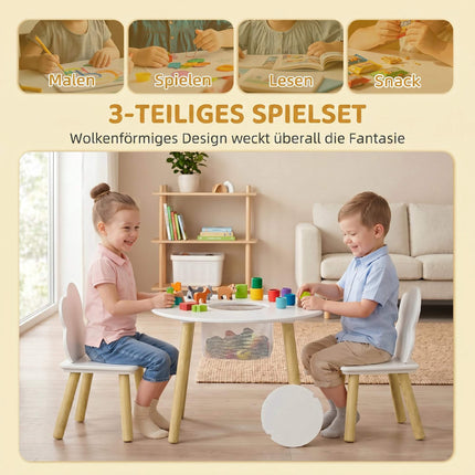 Kids Table and 2 Chairs Set with Storage, White/Natural