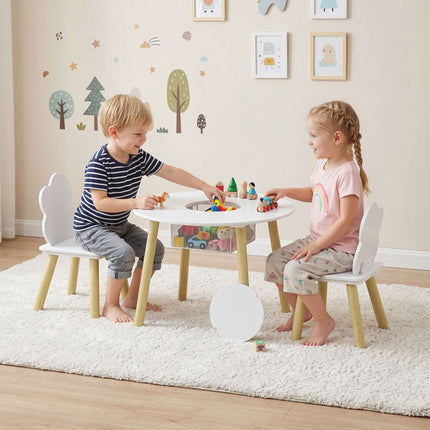 Kids Table and 2 Chairs Set with Storage, White/Natural