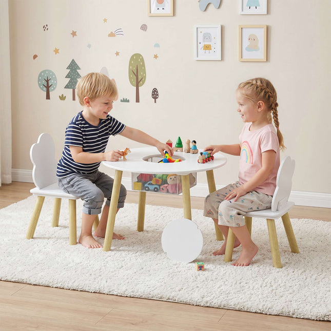 Kindertisch und 2 Stühle-Set mit Stauraum, Weiß/Natur