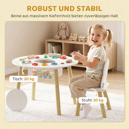 Kids Table and 2 Chairs Set with Storage, White/Natural