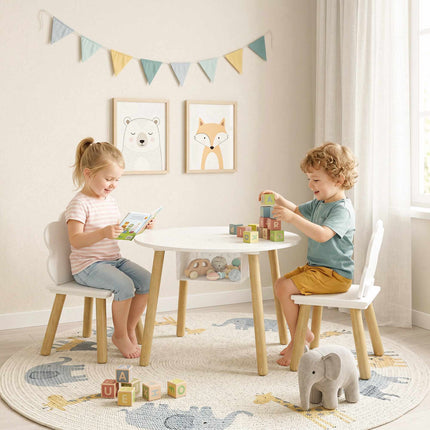 Kids Table and 2 Chairs Set with Storage, White/Natural