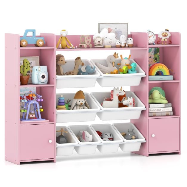 Spielzeug-Aufbewahrungsregal für Kinder, 4 Etagen, 6 Fächer, 8 Behälter, Rosa