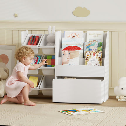 Kids Toy Storage Shelf with 6 Bins, Rolling Box, White
