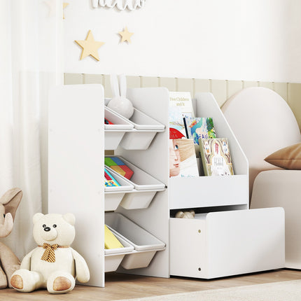 Kids Toy Storage Shelf with 6 Bins, Rolling Box, White