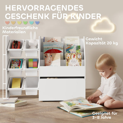 Kids Toy Storage Shelf with 6 Bins, Rolling Box, White