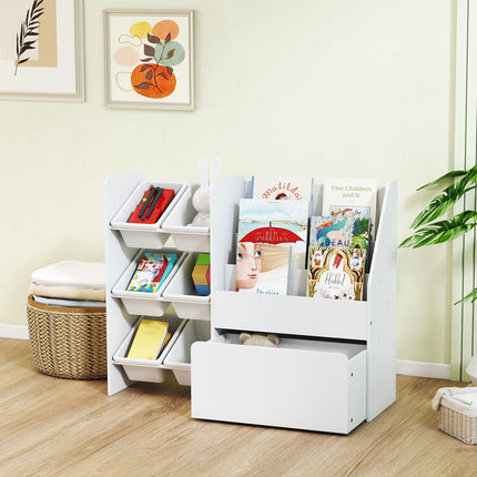 Kids Toy Storage Shelf with 6 Bins, Rolling Box, White