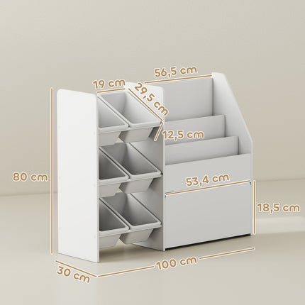 Kids Toy Storage Shelf with 6 Bins, Rolling Box, White
