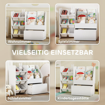 Kids Toy Storage Shelf with 6 Bins, Rolling Box, White