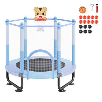 Kids Trampoline 60 in with Safety Enclosure Net, Basketball Hoop, Blue