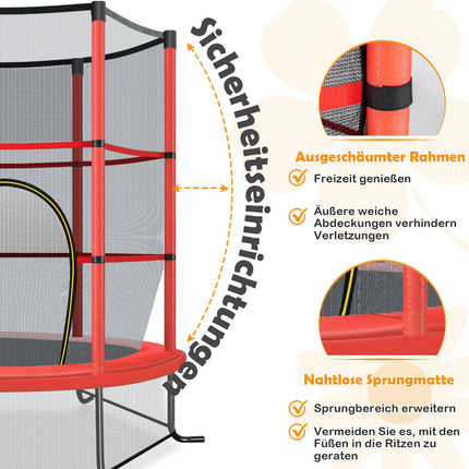 Kinder-Trampolin mit Sicherheitsnetz, 165cm, 135kg Tragkraft, Rot