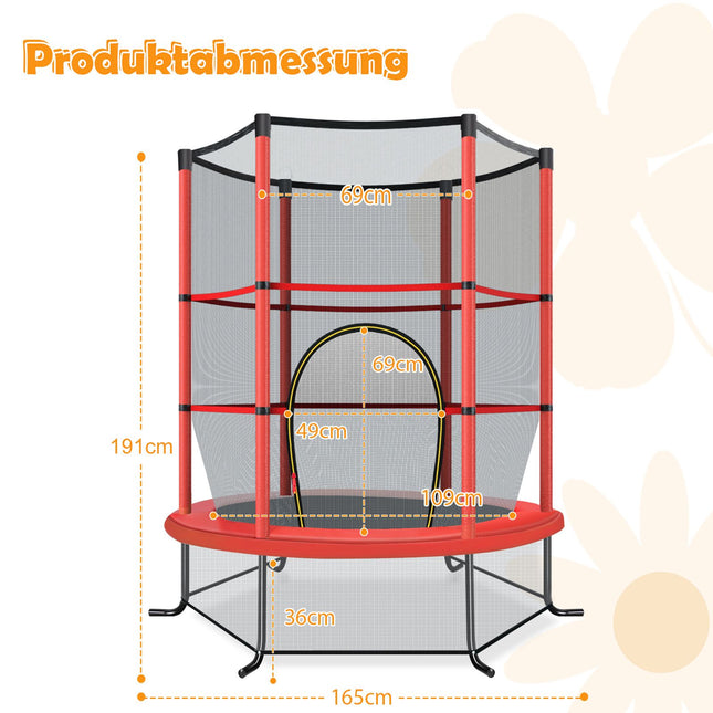 Kinder-Trampolin mit Sicherheitsnetz, 165cm, 135kg Tragkraft, Rot
