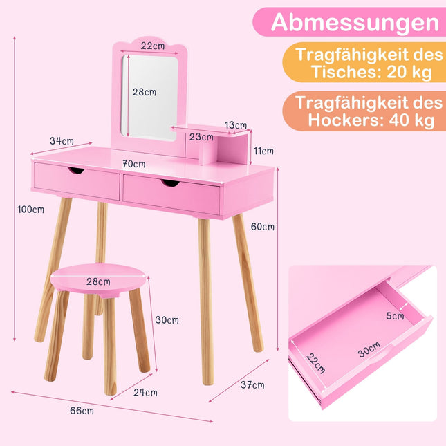 Kinderschminktisch & Schreibtisch-Set mit abnehmbarem Spiegel, Rosa