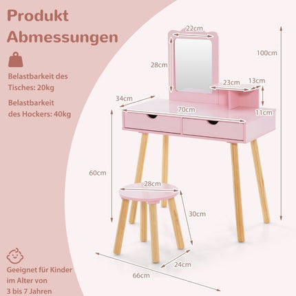 Kinderschminktisch & Schreibtisch-Set mit abnehmbarem Spiegel, Rosa