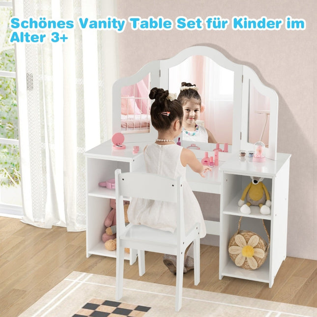Kinderschminktisch & Schreibtisch-Set mit dreifach klappbarem Spiegel, Weiß