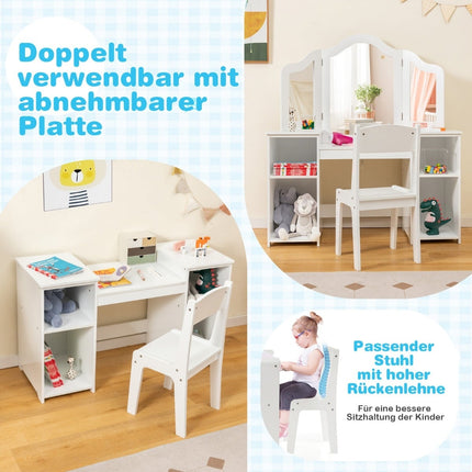 Kinderschminktisch & Schreibtisch-Set mit dreifach klappbarem Spiegel, Weiß