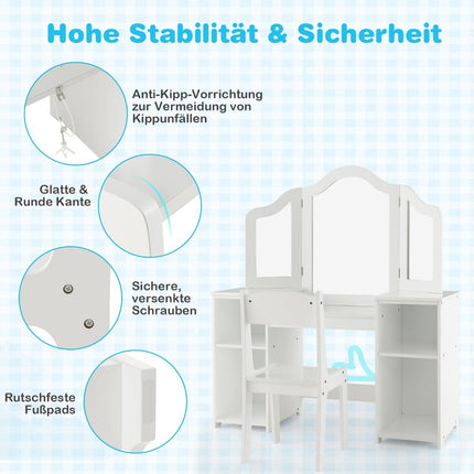 Kinderschminktisch & Schreibtisch-Set mit dreifach klappbarem Spiegel, Weiß