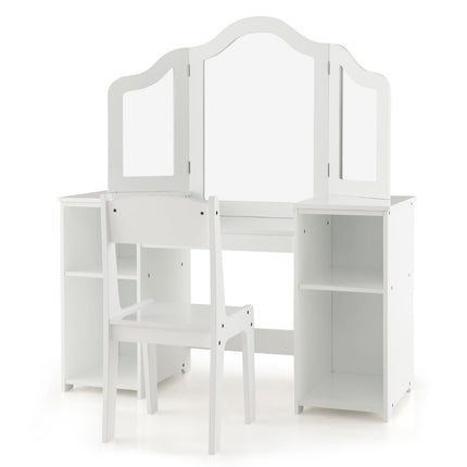Kinderschminktisch & Schreibtisch-Set mit dreifach klappbarem Spiegel, Weiß