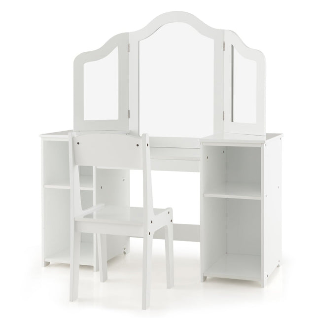 Kinderschminktisch & Schreibtisch-Set mit dreifach klappbarem Spiegel, Weiß