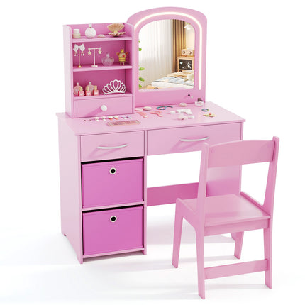 Kinderschminktisch mit beleuchtetem Spiegel, Stuhl, Schubladen, Rosa
