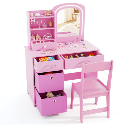 Kinderschminktisch mit beleuchtetem Spiegel, Stuhl, Schubladen, Rosa