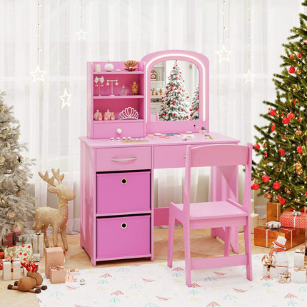 Kinderschminktisch mit beleuchtetem Spiegel, Stuhl, Schubladen, Rosa