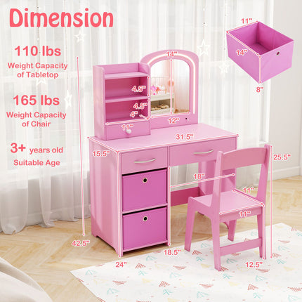 Kinderschminktisch mit beleuchtetem Spiegel, Stuhl, Schubladen, Rosa