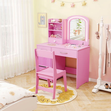 Kinderschminktisch mit beleuchtetem Spiegel, Stuhl, Schubladen, Rosa