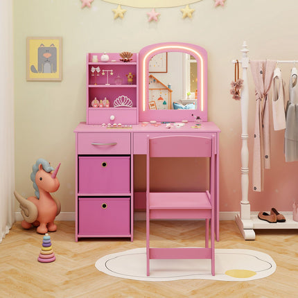 Kinderschminktisch mit beleuchtetem Spiegel, Stuhl, Schubladen, Rosa