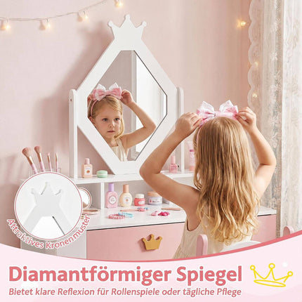 Kinderkaptafelset met kroonspiegel en stoel – wit en roze