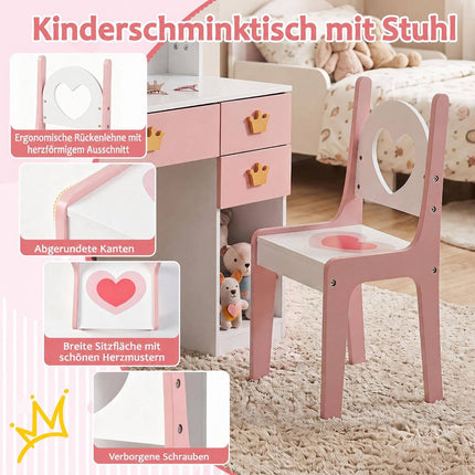 Kinderkaptafelset met kroonspiegel en stoel – wit en roze
